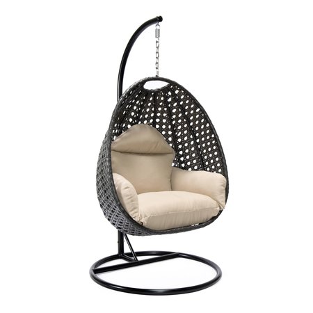 LEISUREMOD Charcoal Wicker Hanging Egg Swing Chair with Beige Cushions ESCCH-40BG